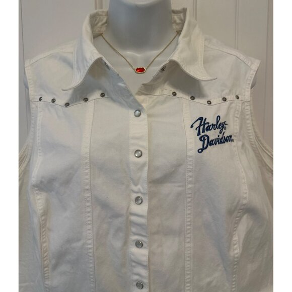 Harley-Davidson Sleeveless White Button-Up Shirt, Embroidered Front & Back, XL - Picture 2 of 11